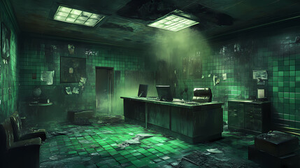 Abandoned office interior with green tiles and dim lighting. Forgotten - Shrine. Illustration