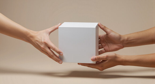 Hands exchanging a blank box on a neutral background, box in hand mockup