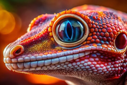 Close-up Bent-toed Gecko (Cyrtodactylus boreoclivus) Head, Red Eye Reflection - Long Exposure Stock Photo