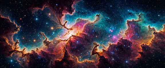 Fototapeta premium a mesmerizing look at a vibrant nebula in deep space with swirling clouds of cosmic gas and dust illuminated by stars
