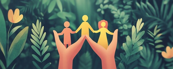 Illustration of hands holding paper family figures, symbolizing family protection, teamwork in patient care, holistic approach to wellbeing, addressing social determinants