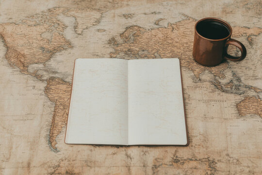 A coffee mug sits on a table next to an open book