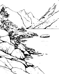Fototapeta premium sketch, vector, drawing, house, landscape, coloring page, illustration, tree, architecture, city, building, old, home, vintage, mountain, street, church, nature, village, painting, river, draw, black,