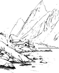 Fototapeta premium sketch, vector, drawing, house, landscape, coloring page, illustration, tree, architecture, city, building, old, home, vintage, mountain, street, church, nature, village, painting, river, draw, black,