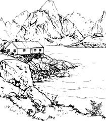 Obraz premium sketch, vector, drawing, house, landscape, coloring page, illustration, tree, architecture, city, building, old, home, vintage, mountain, street, church, nature, village, painting, river, draw, black,