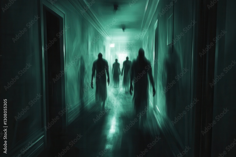 Poster dark corridor filled with shadowy figures and eerie flickering light creates a chilling atmosphere p