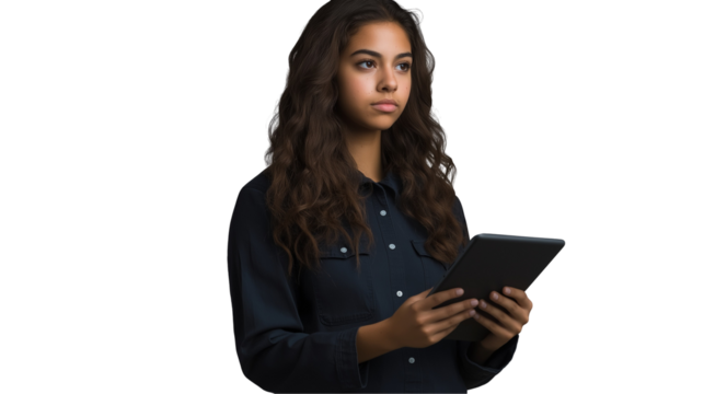Young woman holding an iPad and looking at it, isolated on a transparent background. High-quality PNG image with a clean, minimalistic design for versatile digital use.