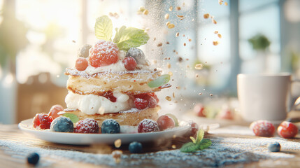 Obraz premium Close up french toast with berries, shot of shallow depth of field, with dusting flour that spreads and volumetric effects bokeh background.