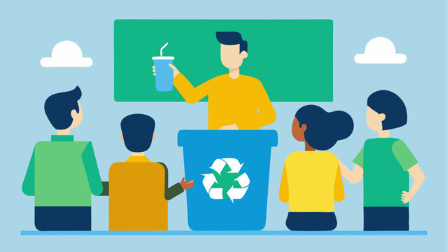 Recycling Workshop An illustration of a workshop setting where the consultant is teaching a group of employees how to properly recycle materials complete with visual aids.