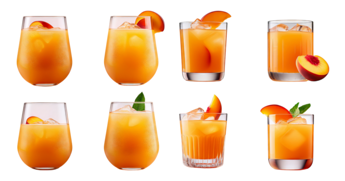 Assorted Refreshing Peach Beverages in Various Glasses for Summer, Bundle Set Collection, Isolated on Transparent Background