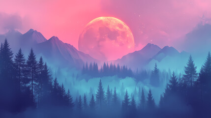 Foggy forest material structure background - generative ai. Bewitching - Moon. Illustration
