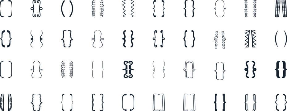 Bracket, braces, parenthes vector set, Diverse curly bracket styles for design, coding, and typography. Ideal symbol for software, graphic design