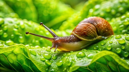 Close-up of a Shiny Garden Slug Crawling on Fresh Green Lettuce Leaves