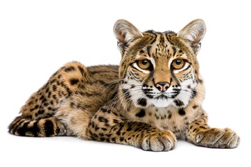 Naklejka premium Ocelot resting, white background, wildlife portrait, nature photography, ideal for wildlife publications