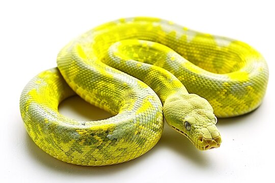 Green tree python coiled, white background, reptile pet
