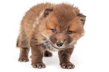 Obraz premium Cute red fox kit standing, white background, wildlife