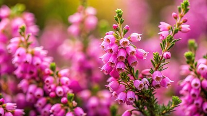 Fototapeta premium Close-up of Delicate Pink Small False Heather Flowers, Abundant Bloom, Copy Space Right