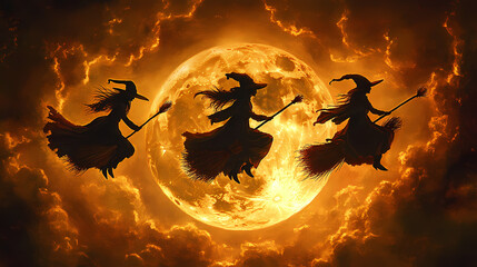 Three witches flying on brooms. Bewitching - Moon. Illustration