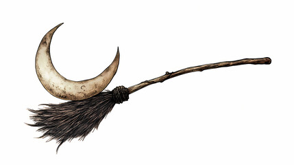 Traditional witch's broomstick isolated on white background. Bewitching - Moon. Illustration