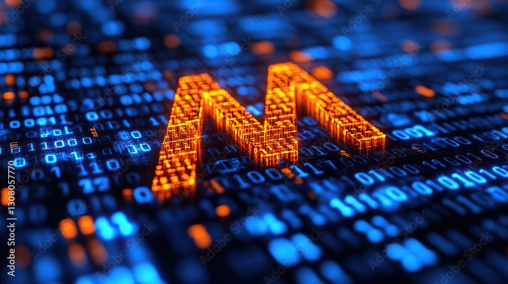 Poster digital letter m on binary code background