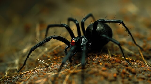 Black Widow Spider: A dangerous spider with a glossy black body and red hourglass marking, found in many regions, feared for its venomous bite.
