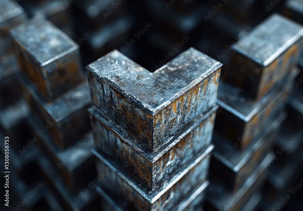 Poster abstract close-up view of textured metallic blocks arranged in a geometric pattern creating a striki