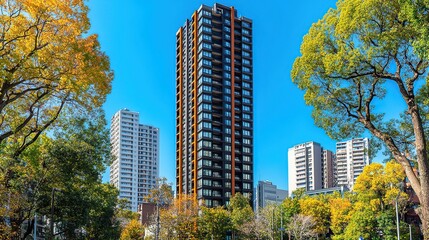Obraz premium Autumn urban high-rise apartment building amidst park trees