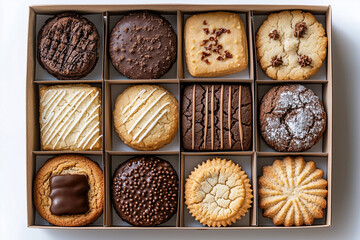 Top view of cookies collection in cardboard box, isolated on white background.