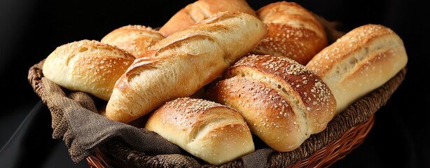 Assorted fresh baked bread in a basket including baguettes, loaves, rolls, and buns