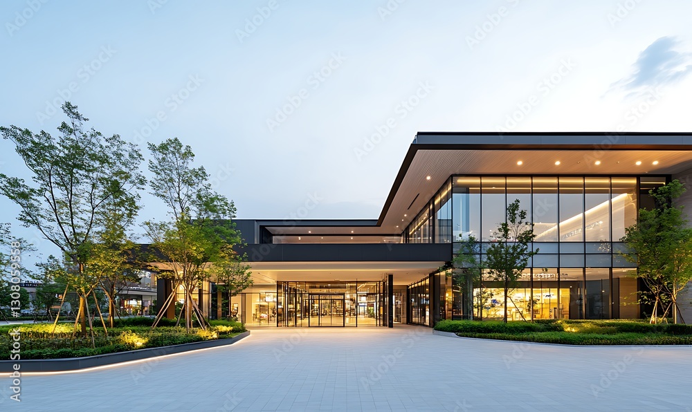 Poster modern architectural building with large glass windows, surrounded by greenery and a spacious drivew