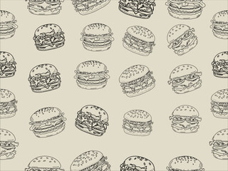 	
doodle burger pattern background. doodle fast food burger seamless pattern background. seamless pattern of hamburger in doodle style. Seamless Pattern of a Cheese Burger or Hamburger