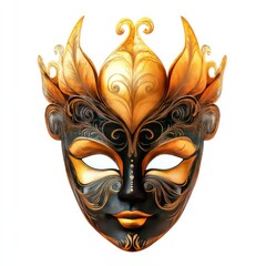 Naklejka premium A beautifully hand-painted festival mask with swirling golden patterns, isolated on white background