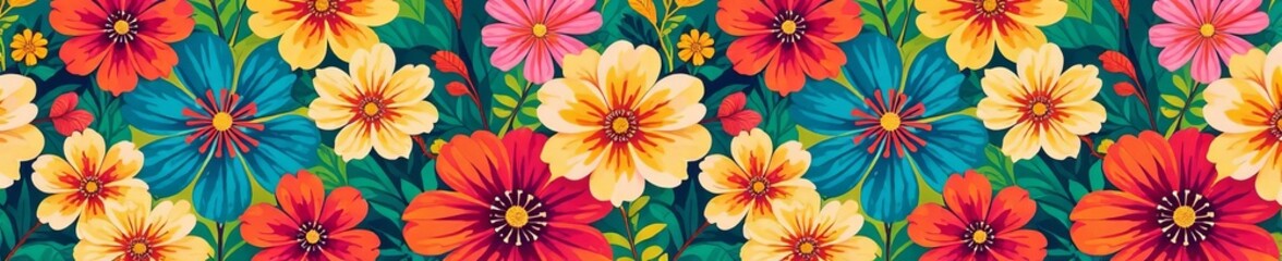 Bright retro floral pattern with vibrant colors, perfect for backgrounds or textiles, retro, design