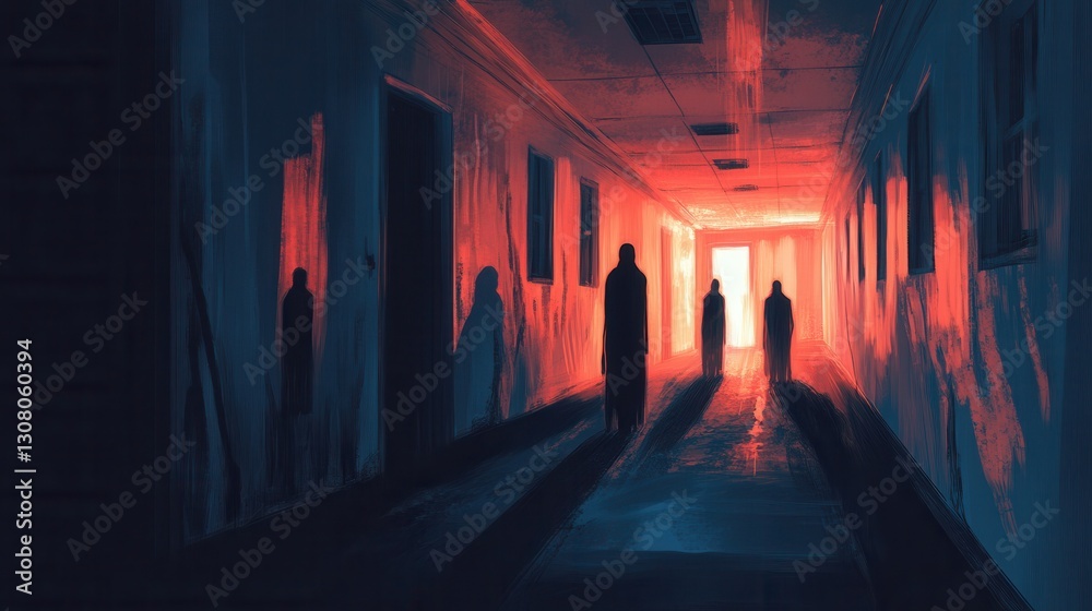 Aufkleber dark corridor filled with shadowy ghostly figures and flickering lights creating a cinematic horror 