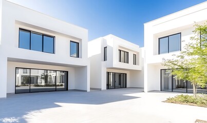 Modern white buildings with large windows and a clear blue sky, creating a bright, airy atmosphere.