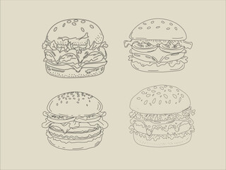 Hand drawn burger. doodle burger. doodle fast food burger. hamburger in doodle style. Cheese Burger or Hamburger with doodle style.	fast food illustration.
