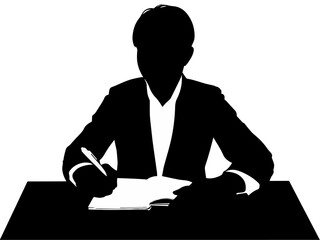 机で勉強している男性のシルエット