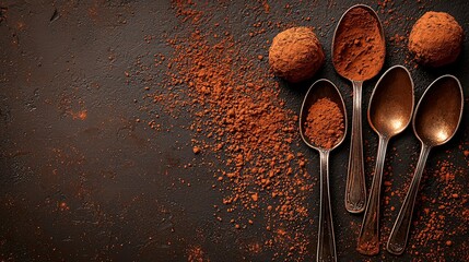 Chocolate truffles, cocoa powder, spoons, dark background, food photography
