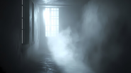 Dark foggy room with thick mist and eerie lighting. Eerie - Lighthouse. Illustration