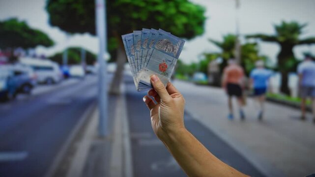 Hand holding malaysian ringgit notes on an urban street with blurred people and vehicles in the background, highlighting currency and outdoor business context.