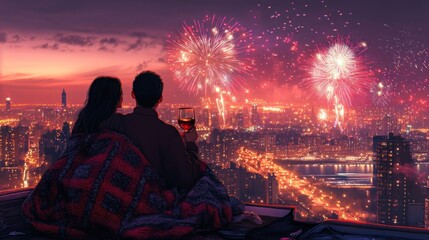 Obraz premium A couple watching fireworks from a rooftop, wrapped in a blanket and holding glasses of wine, with a glowing cityscape below, photographed in a romantic, moody style
