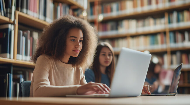 College student mentoring a peer in research and learning, using an educational app on a laptop in the library. Collaborative study session focused on sharing ideas and academic success