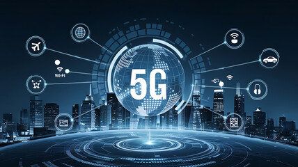 5G Technology with Digital Earth at the Center of Various IoT Icons Over a Futuristic Cityscape, Wireless Communication Network Concept.







