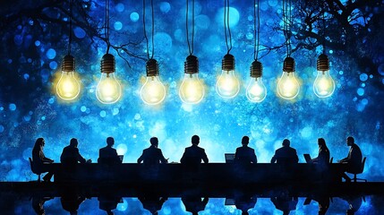 Night brainstorming session, ideas, illuminated table, business team, dark forest background, concept image