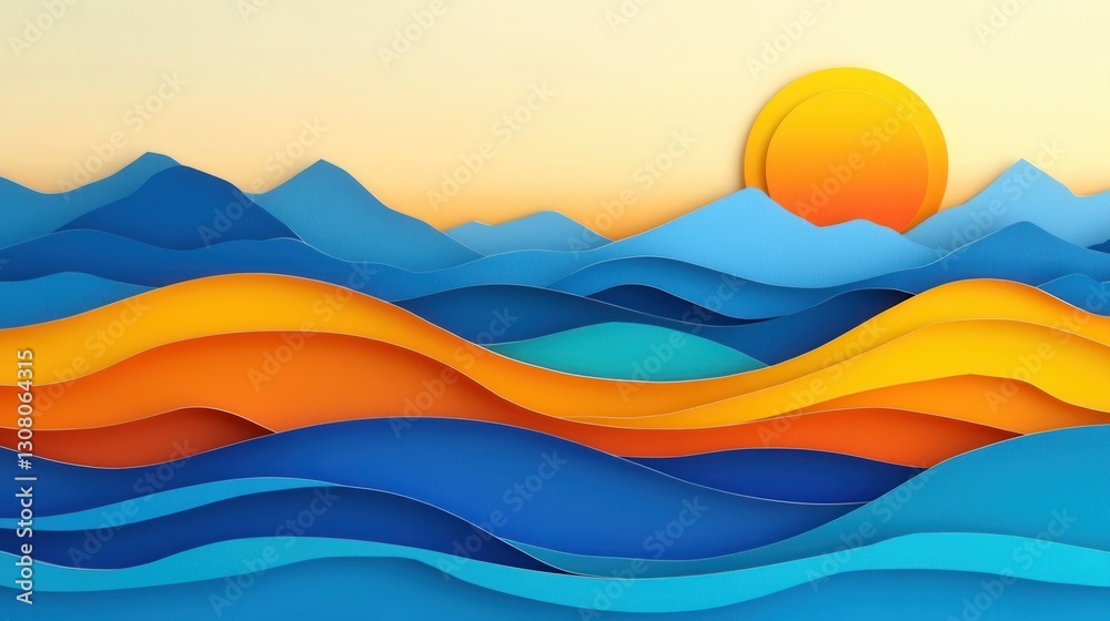Poster vibrant layered paper art showcasing landscapes with waves and mountains under a warm sun for a trav
