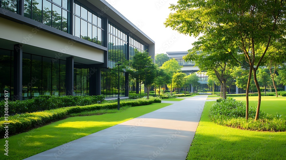 Poster modern building surrounded by lush greenery and a paved pathway, creating a serene outdoor environme