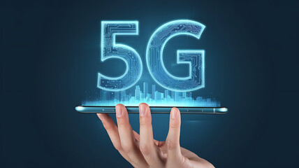 Fototapeta premium 5G Technology with Digital Earth at the Center of Various IoT Icons Over a Futuristic Cityscape, Wireless Communication Network Concept.