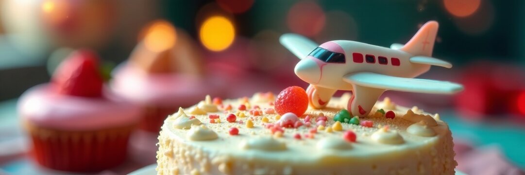 Close-up of airplane-shaped cake topper on festive dessert table, aviation, aviation enthusiast