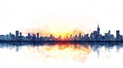 Cityscape sunrise, water reflection, urban skyline, design element