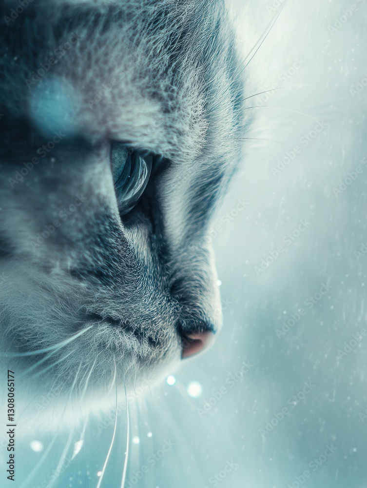 Poster Expressions of melancholy captured through a blurred view of a cat against a muted blue and gray rainy backdrop Generative AI